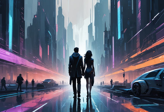 een man en vrouw in een supertechnologische stad