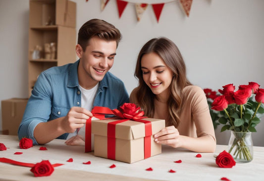 man en vrouw openen cadeau samen